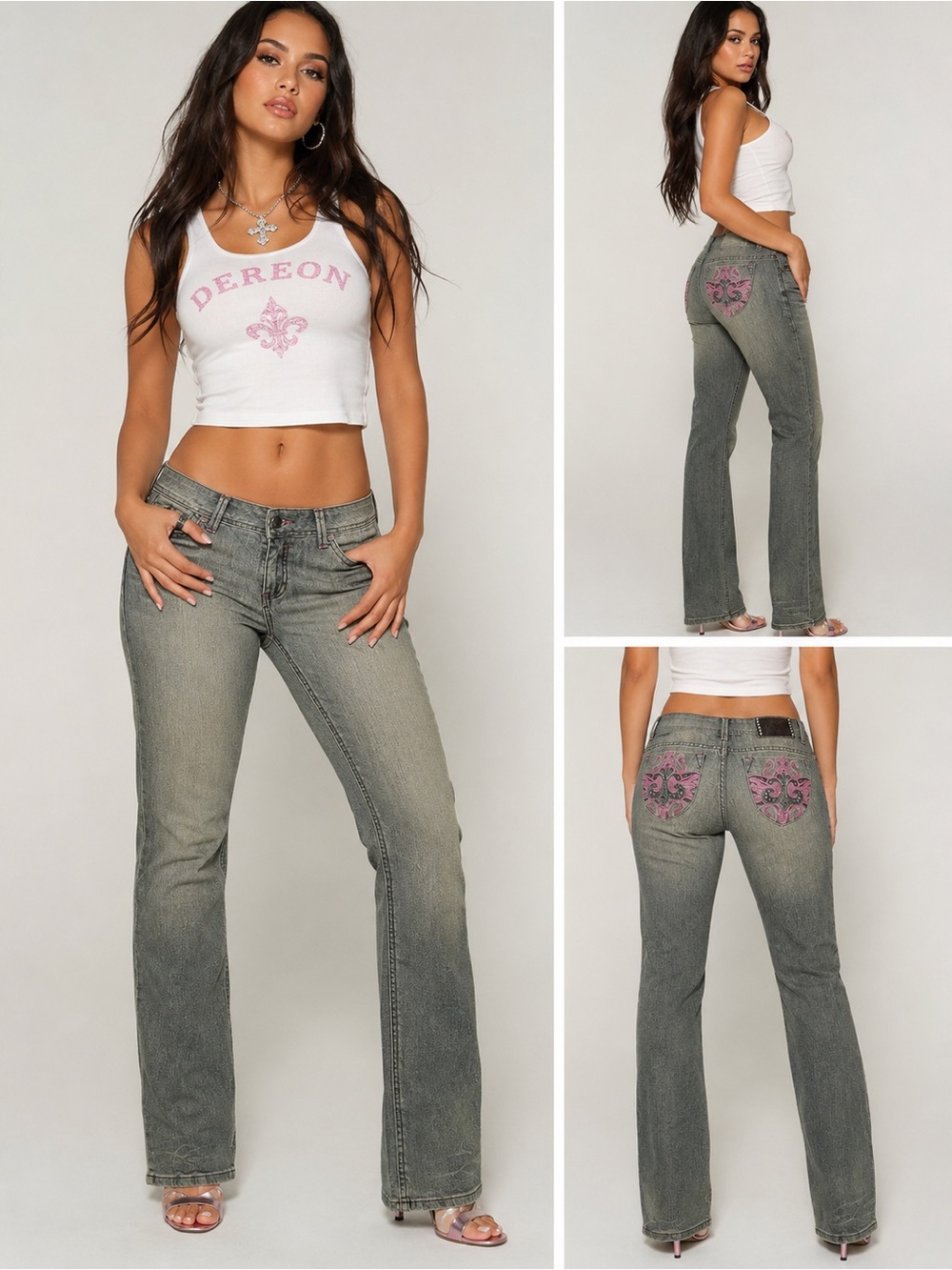 Dereon blue green wash Straight Leg Denim Jeans purple contrast Moto Y2K 13/15